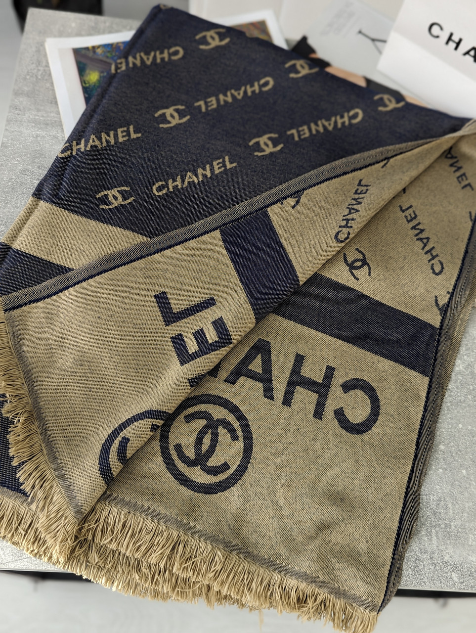 Палантин шарф CHANEL жіночий шарф шанель бежево-синій