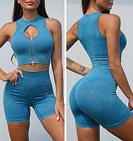 Костюм женский спортивный комплект шорты и топ для фитнеса и йоги голубой
