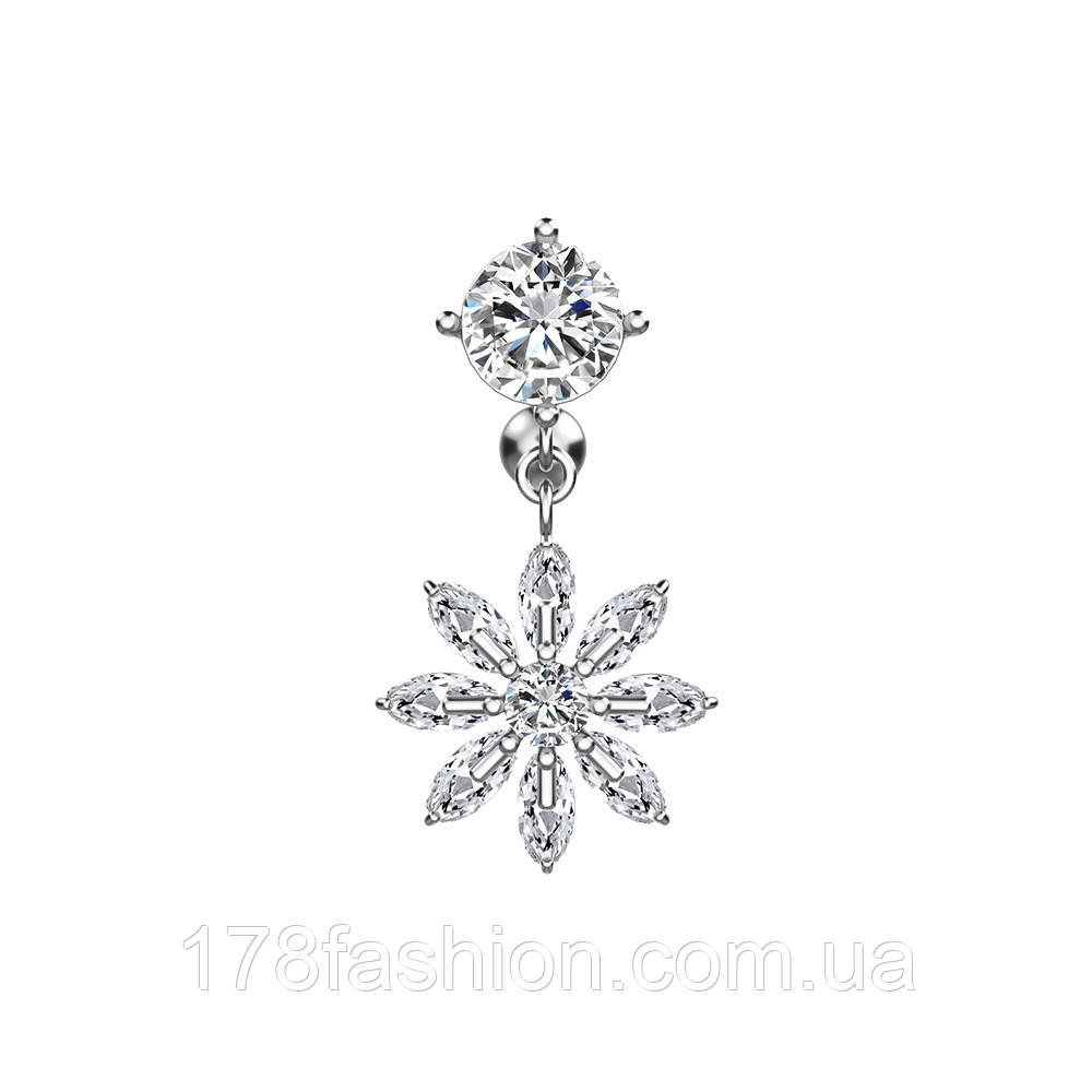 Сережка-банан для пірсингу пупка з підвіскою квітка під срібло, фото 1