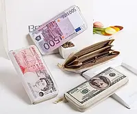 Довгий гаманець клатч портмоне на блискавці з принтом грошей, 100 доларів США, євро. 19х10х2.5см