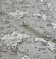 Тканина бавовняна тефлонова мапа світу сіра для скатертин, штор, декору, чохлів, подушок