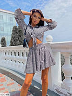 Костюм женский летний тонкий легкий эффектный лен-жатка свободная рубашка и короткие шорты-юбка в принт