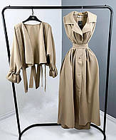 Женский нарядный однотонный комплект рубашка и длинное платье (черный, молочный, бежевый) размер: 42-46, 48-50