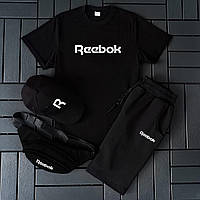 Чоловічий літній костюм Reebok Футболка+Шорти+Кепка+Барсетка у подарунок чорний Комплект Рібок (B)