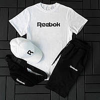 Чоловічий літній костюм Reebok Футболка+Шорти+Кепка+Барсетка у подарунок білий Комплект Рібок (B)