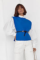 Блуза с объемными рукавами с накидкой и поясом ELISA - синий цвет, L (есть размеры) lb