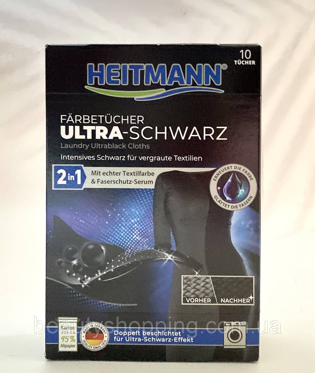 Салфетки 2в1 для обновления черного цвета и ткани 10 штук Ultra Schwarz Heitmann Германия - фото 1 - id-p2131953314