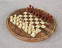 Круглі горіхові шахи різьблені, подарункові шахи ручної різьби, 35*35 см