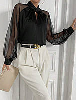 Шовкова блуза жіноча чорна прозора з бантом розмір 42-48