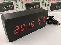 Часы-метеостанция LED сетевые (будильник, градусник, датчик влажности) Wooden Clock VST-862S черные с красн HS