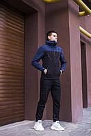 Мужская куртка черно-синего цвета весна-осень молодежная модная с капюшоном на молнии повседневная с карманами