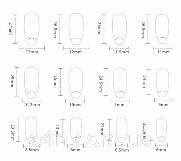 Размеры накладных ногтей
