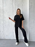 Стильный женский костюм рубчик трикотажный (штаны и футболка) бежевый черный, 50/52