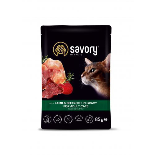 Вологий корм Savory для дорослих котів, ягня з буряком у соусі, пауч, 85 г, фото 1