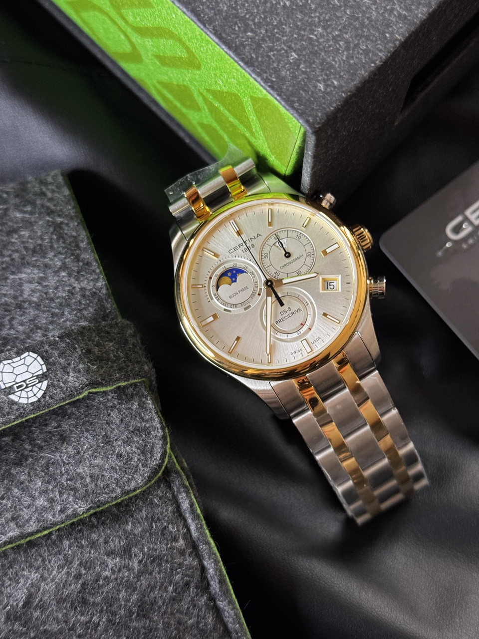 Годинник швейцарський Certina DS-8 Moon Phase Chronograph з хронографом і фазами місяця , Сталь/золото 42 мм, фото 1