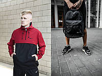 Мужской спортивный комплект анорак Nike черно-красный и городской спортивный рюкзак Nike весенняя ветровка LOV XS