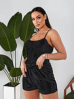 Черная летняя велюровая пижама больших размеров: майка на брительках + шорты (р.48-58). Арт-4843/4