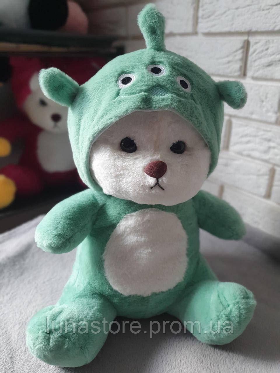 М'яка іграшка ведмедика в костюмі інопланетянин 40 см, дитяча плюшева іграшка ведмедик у капюшоні зелений