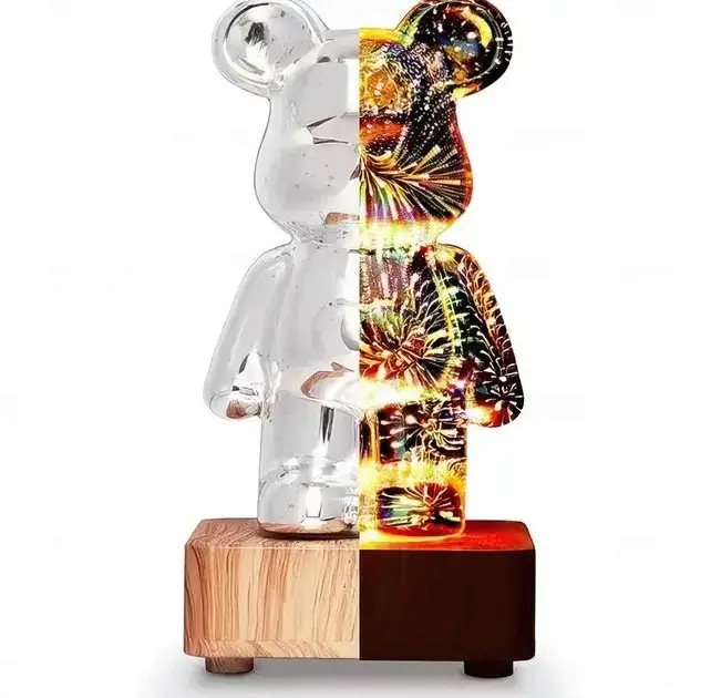 3D ночник стеклянный с эффектом фейерверка в виде мишки, RGB Bearbrick LED, Светильник, 3D эффект - фото 4 - id-p2147697100