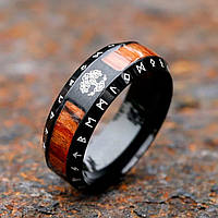 Мужское перстень древнее Титановое черное кольцо с защитными рунами, Деревом Жизни и красным деревом размер 20