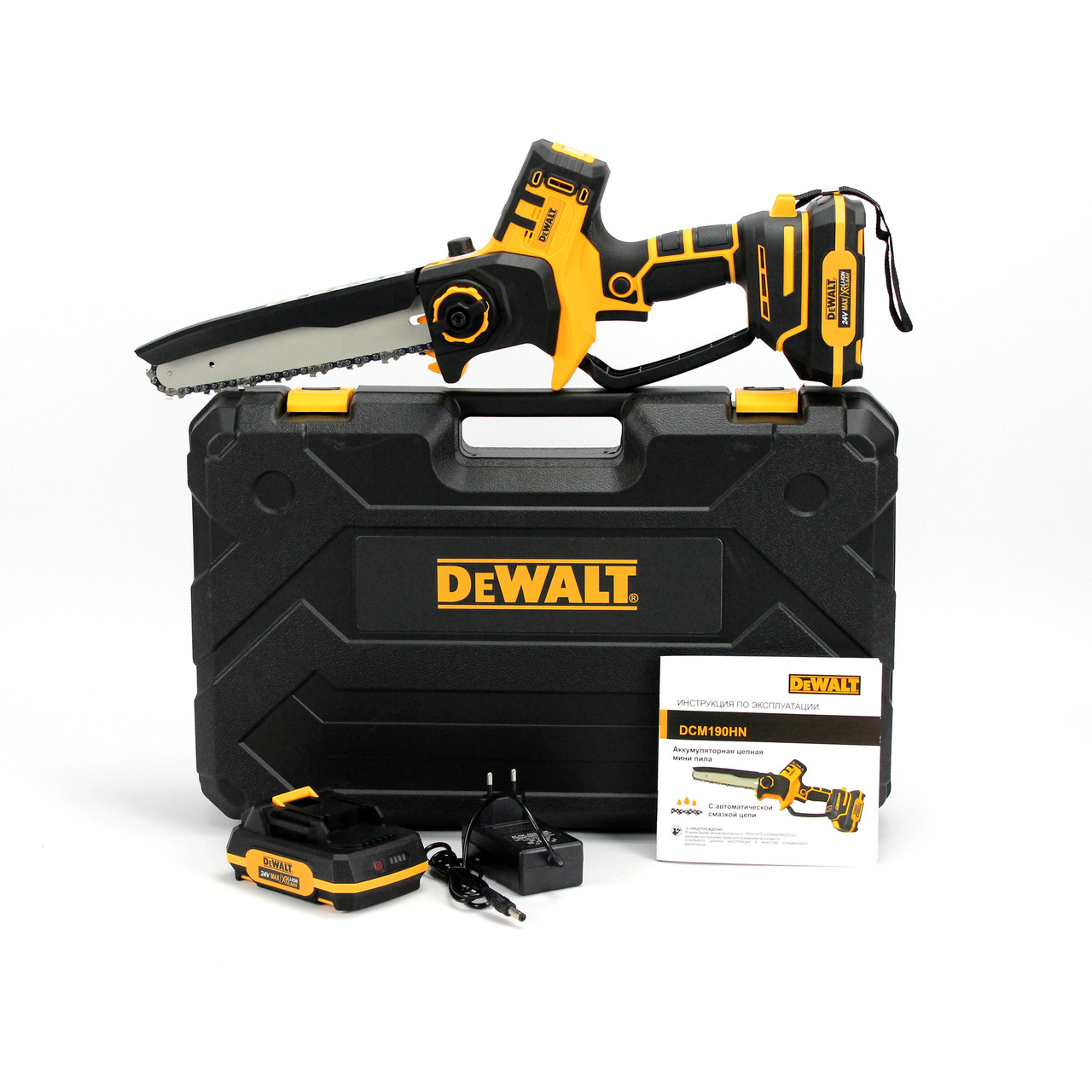 Акумуляторна безщіткова міні пилка DeWalt DCM190HN (2АКБ, 24V, 5Аh, шина 20 см) з індикатором заряду