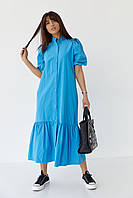 Длинное платье на пуговицах с оборкой по низу - синий цвет, S (есть размеры) lb
