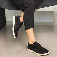 Модные женские туфли лоферы натуральная замша тренд комфортная анатомическая колодка черные