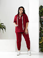 Женский бордовый летний спортивный костюм с коротким рукавом батал с 48 по 58 размер