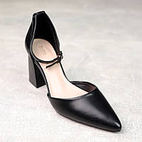 Женские классические туфли широкий низкий каблук на тонком ремешке эко-кожа черные