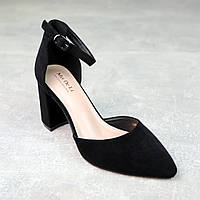 Женские туфли лодочки с ремешками вокруг ноги широкий устойчивый средний каблук эко-замша черные