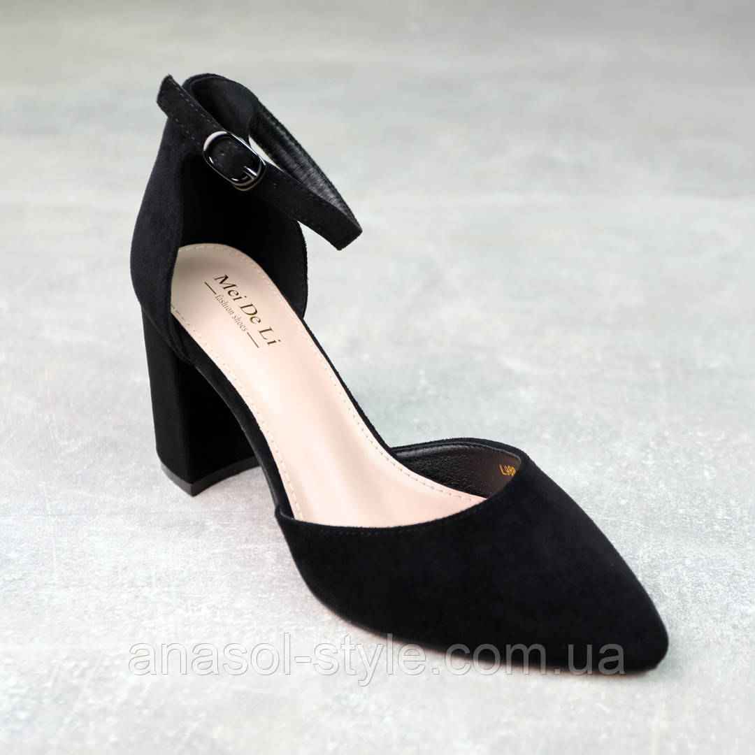 Жіночі туфлі човники з ремінцями навколо ноги широкий стійкий середній каблук еко-замша чорні