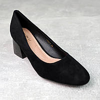 Туфли женские лодочки овальный носок на низком каблуке эко-замша черные