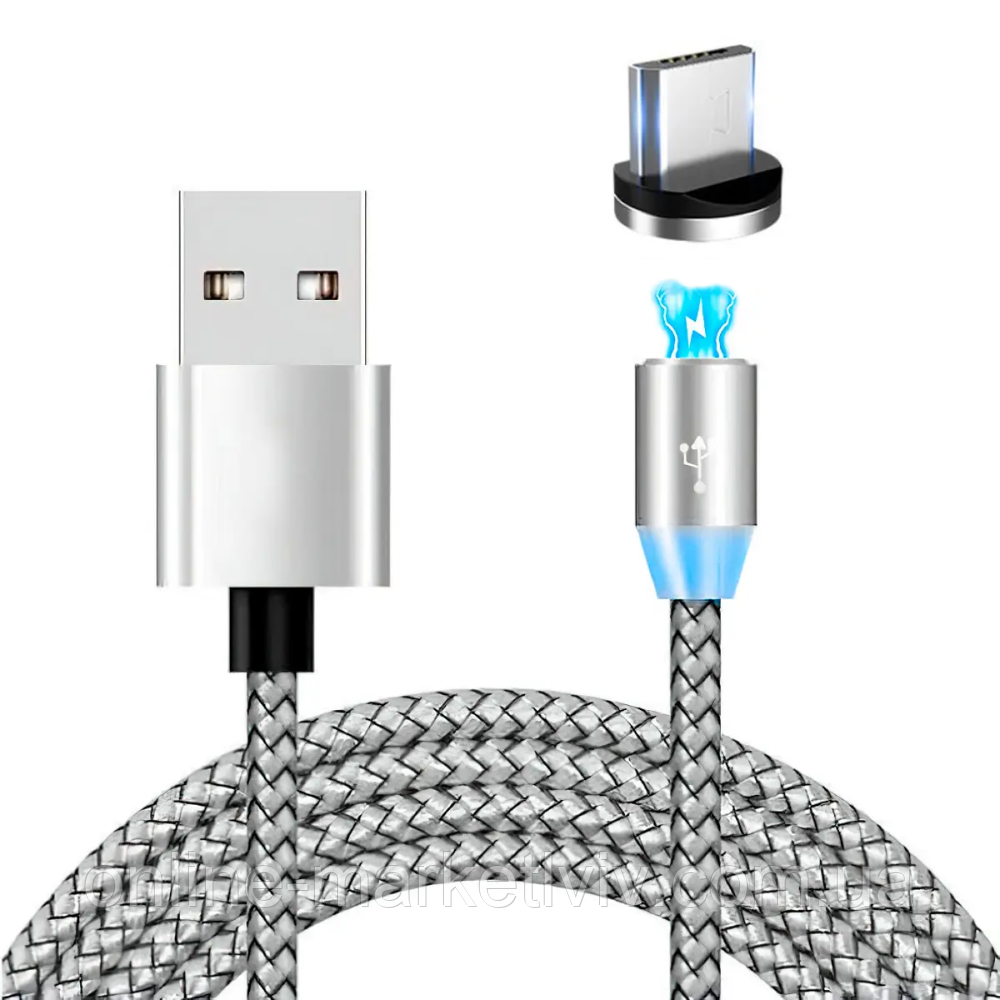 Магнітний кабель USB - Type-C 1м з LED підсвічуванням та швидким зарядженням, Сірий / Шнур для зарядки телефону