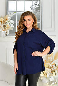 Льняна жіноча сорочка темно-синя великого розміру НФ/-3700