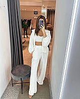 Женский стильный модный молодежный повседневный велюровый костюм тройка кофта топ и штаны (пудра, белый, черн) Молоко