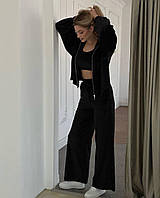 Женский стильный модный молодежный повседневный велюровый костюм тройка кофта топ и штаны (пудра, белый, черн) Черный