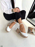 Женские белые туфли натуральная кожа с ремешком на беж подошве