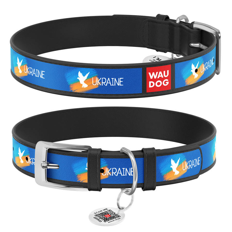 Нашийник для собак шкіряний WAUDOG Design з QR-паспортом, малюнок "Фаг", XS, Ш 12 мм, Д 20-28 см, чорний, фото 1