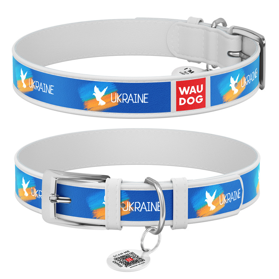 Нашийник для собак шкіряний WAUDOG Design з QR-паспортом, малюнок "Фаг", XL, Ш 35 мм, Д 46-59 см, білий, фото 1