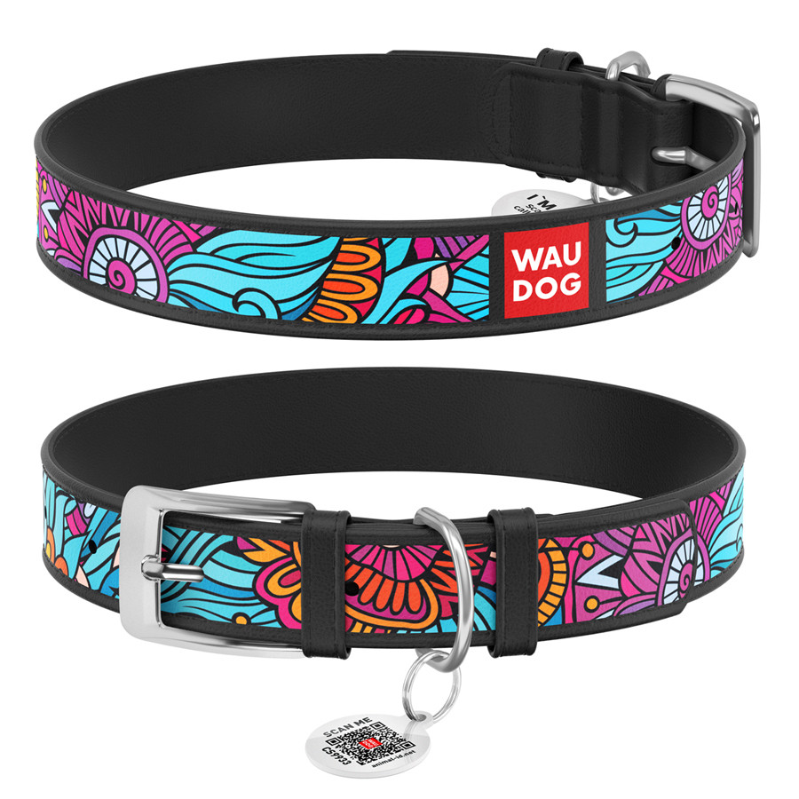 Нашийник для собак шкіряний WAUDOG Design з QR паспортом, малюнок "Літо", Ш 15 мм, Д 26-35 см, чорний, фото 1