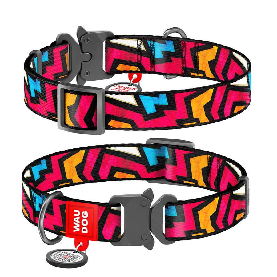 Нашийник для собак нейлоновий WAUDOG Nylon з QR-паспортом, малюнок "Графіті", металева пряжка-фастекс, Ш, фото 1