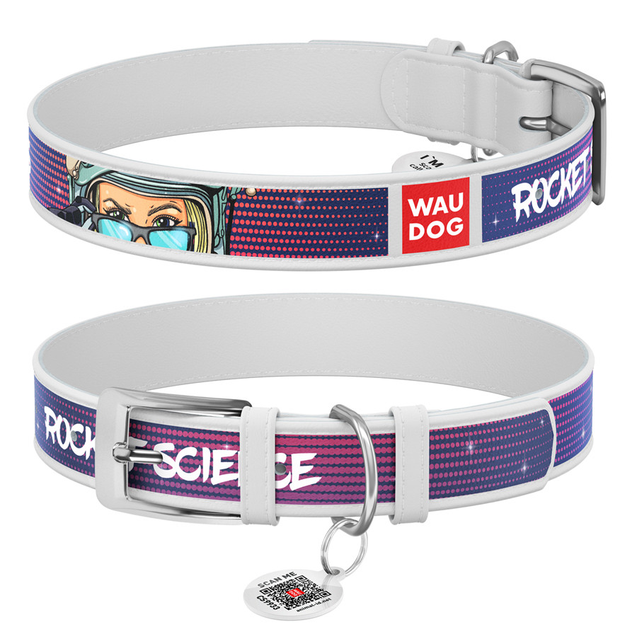 Нашийник для собак шкіряний WAUDOG Design з QR-паспортом, малюнок "Космос. Ракетобудування", L, Ш 25 мм, Дл 38-49, фото 1