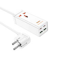 Мережевий фільтр HOCO AC10A на 1 розетку + 2 USB + 2 USB-C, 65 W, кабель 1,5 м, 220 В, White, Box