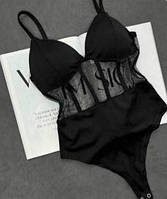 Женское трендовое красивое нарядное стильное сексуальное боди с сеточкой на тонких бретелях (черный) 44