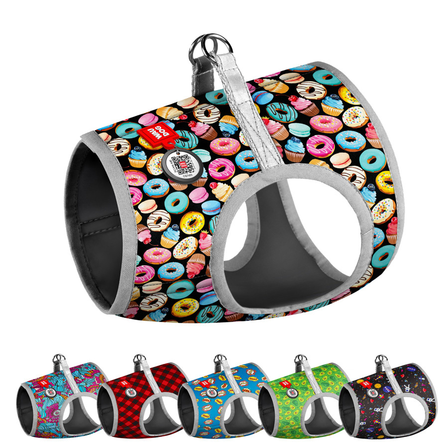 Шлея для собак м'яка WAUDOG Clothes з QR-паспортом, малюнок "Пончики", S2, В 46-50 см, С 43-45 см, фото 1