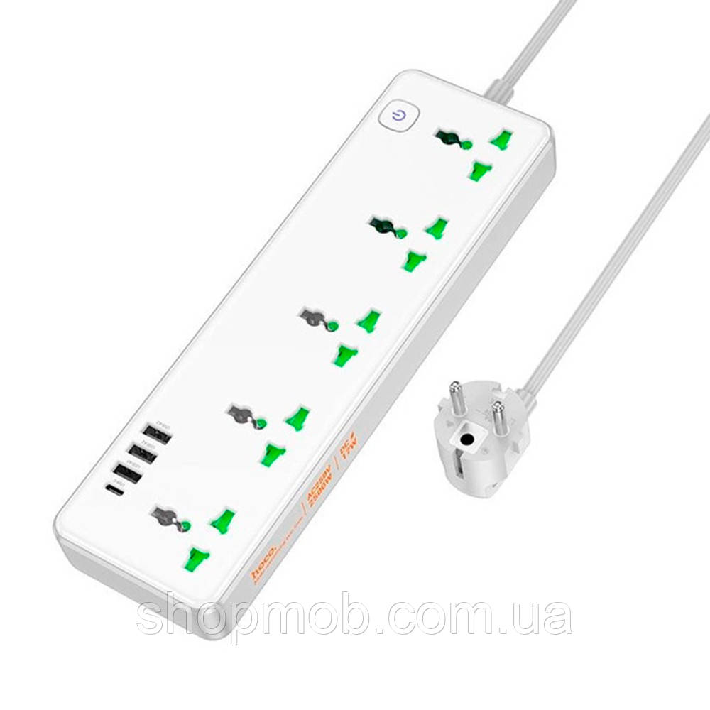 SM  SM Сетевой фильтр HOCO AC13A на 5 розеток + 3 USB+ USB-C, 17W, 220В, кабель 1,5м, White, Box