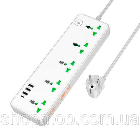 SM  SM Сетевой фильтр HOCO AC13A на 5 розеток + 3 USB+ USB-C, 17W, 220В, кабель 1,5м, White, Box, фото 2