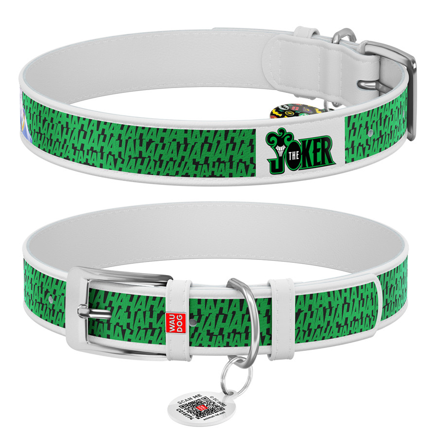 Нашийник для собак шкіряний WAUDOG Design з QR паспортом, малюнок "Джокер", Ш 35 мм, Д 46-59 см, білий, фото 1