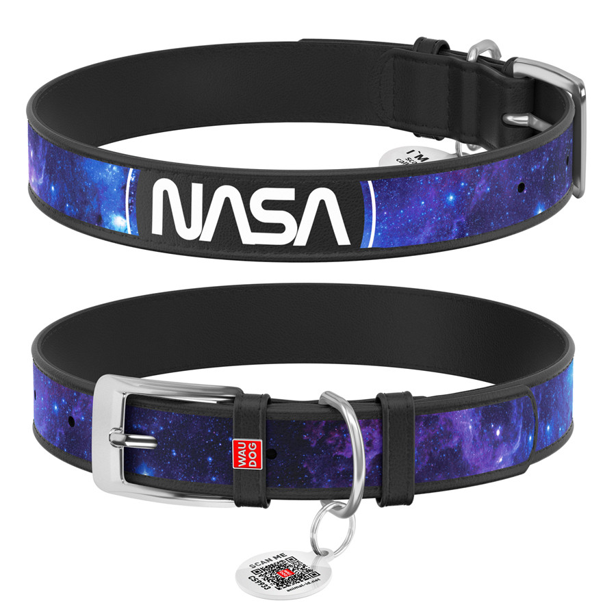 Нашийник для собак шкіряний WAUDOG Design з QR-паспортом, малюнок "NASA21", L, Ш 25 мм, Д 38-49 см чорний, фото 1