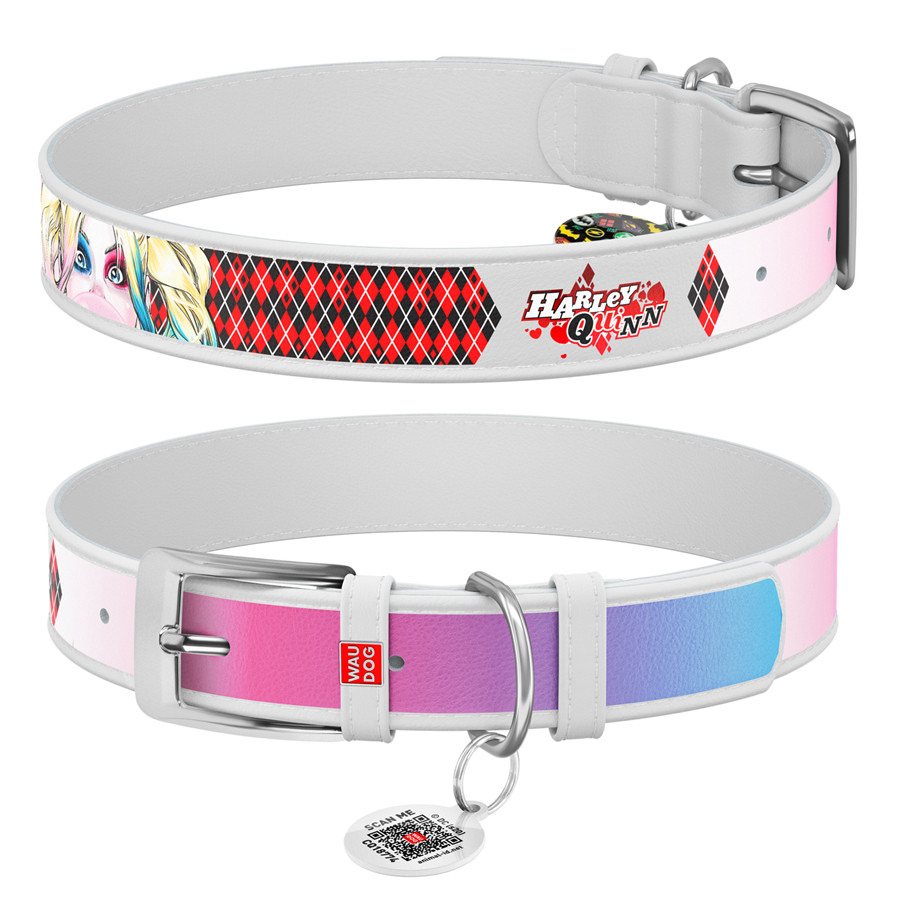 Нашийник для собак шкіряний WAUDOG Design з QR-паспортом, малюнок "Харлі Квінн", Ш 35 мм, Д 46-59 см, білий, фото 1